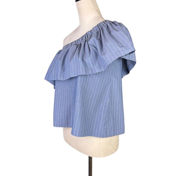Koch Blue Pinstripe One Shoulder Ruffle Blouse Top Matching Shorts Two Piece Set - Picture 3 of 11